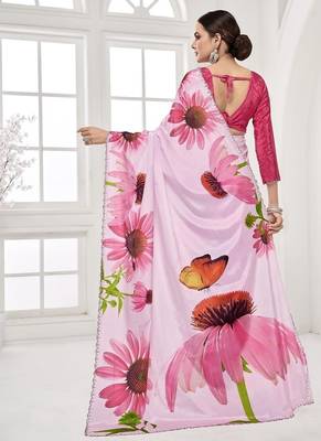 baby pink  printed saree with blouse or saraowski border 4