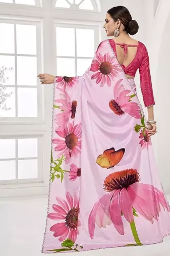 baby pink  printed saree with blouse or saraowski border