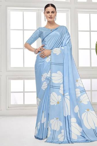 sky blue  premium printed saree with blouse or saraowski border