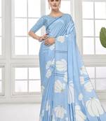 sky blue  printed saree with blouse or saraowski border