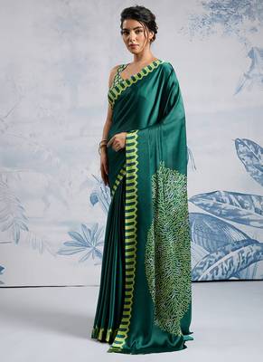 Green modal satin ajrakh print saree 4