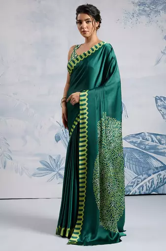 Green modal satin ajrakh print saree