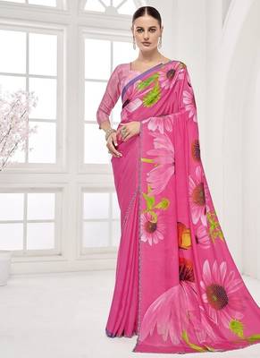 pink  printed saree with blouse or saraowski border 1