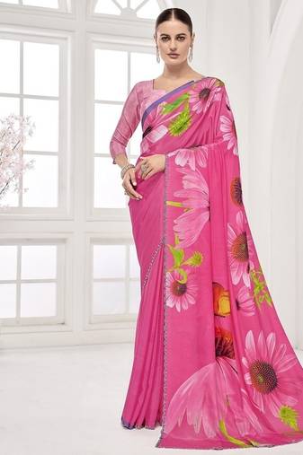 pink  printed saree with blouse or saraowski border