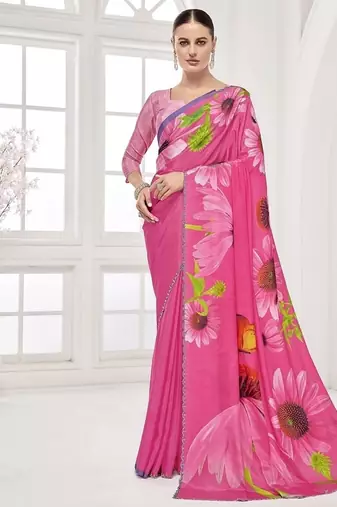 pink  premium printed saree with blouse or saraowski border