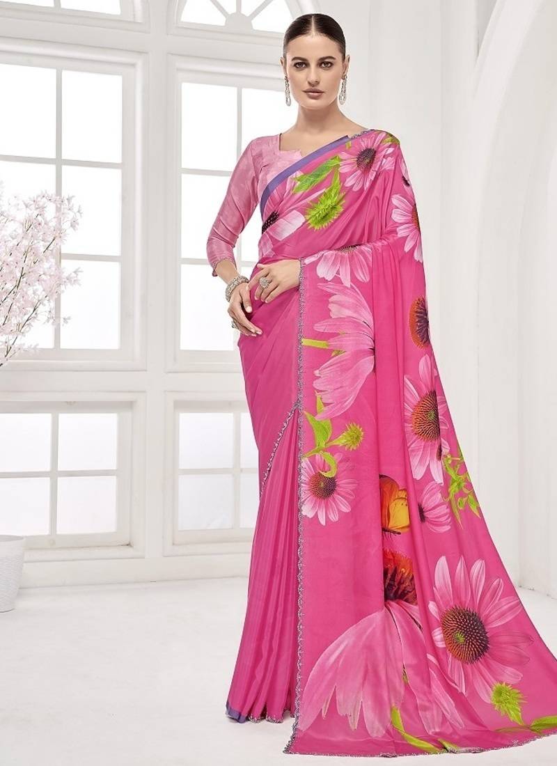pink  premium printed saree with blouse or saraowski border