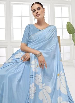 sky blue  printed saree with blouse or saraowski border 2