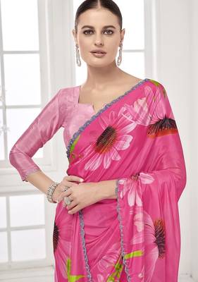 pink  printed saree with blouse or saraowski border 2