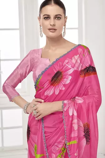 pink  printed saree with blouse or saraowski border