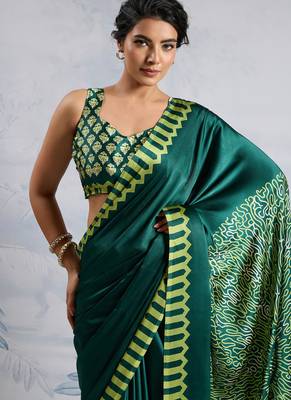 Green modal satin ajrakh print saree 5