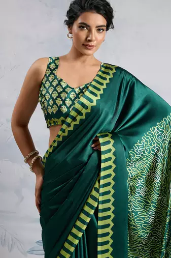 Green modal satin ajrakh print saree