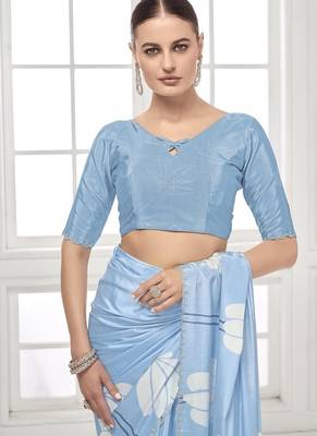 sky blue  printed saree with blouse or saraowski border 3