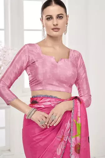 pink  printed saree with blouse or saraowski border