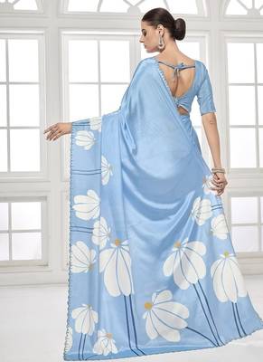 sky blue  printed saree with blouse or saraowski border 4