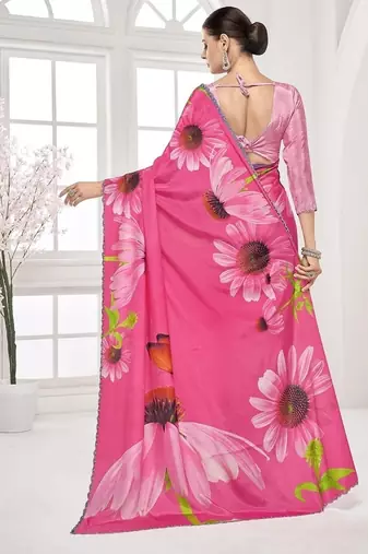 pink  printed saree with blouse or saraowski border