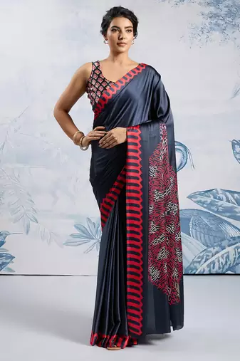 Black modal satin ajrakh print saree