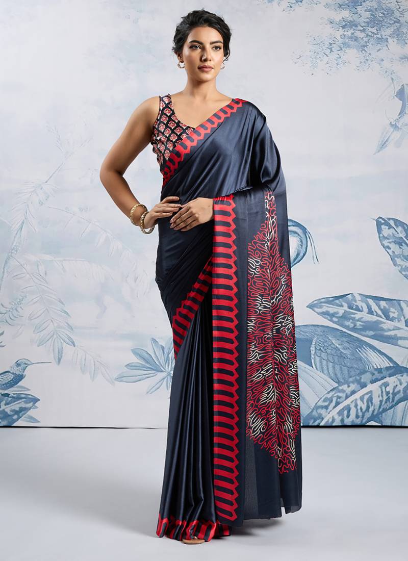 Black modal satin ajrakh print saree