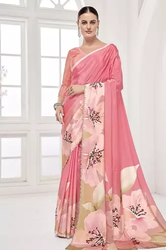 pink  premium printed saree with blouse or saraowski border