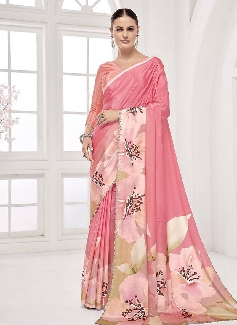 pink  premium printed saree with blouse or saraowski border