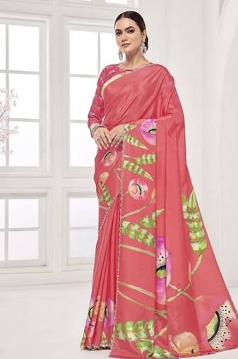 melon pink  premium printed saree with blouse or saraowski border