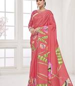 melon pink  printed saree with blouse or saraowski border