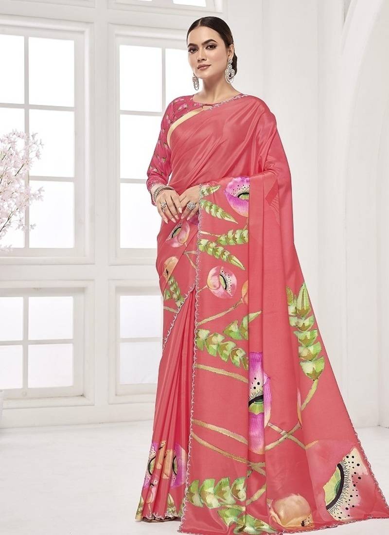 melon pink  premium printed saree with blouse or saraowski border