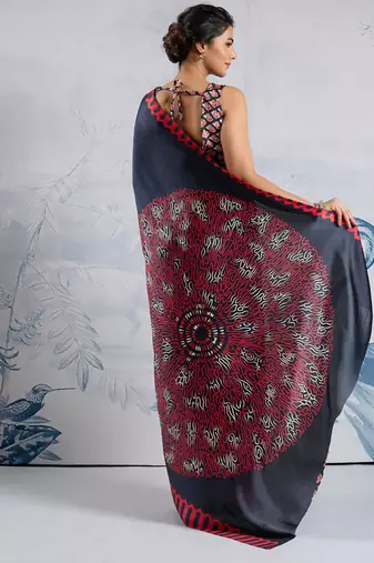 Black modal satin ajrakh print saree
