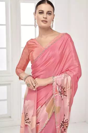 pink  printed saree with blouse or saraowski border