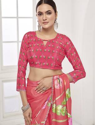 melon pink  printed saree with blouse or saraowski border 2