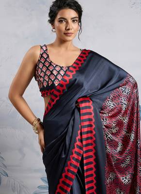 Black modal satin ajrakh print saree 3