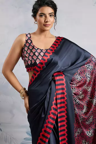 Black modal satin ajrakh print saree