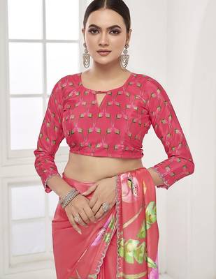 melon pink  printed saree with blouse or saraowski border 3
