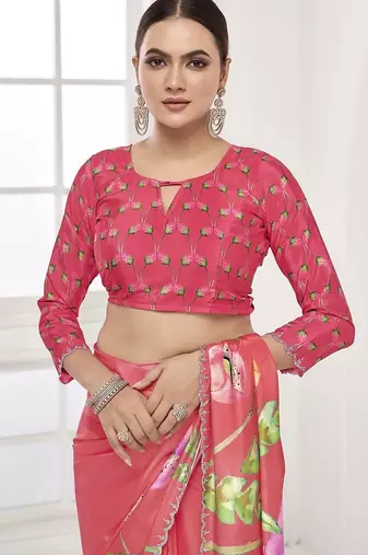 melon pink  printed saree with blouse or saraowski border