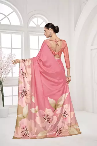 pink  printed saree with blouse or saraowski border