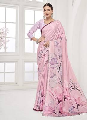 baby pink  printed saree with blouse or saraowski border 1