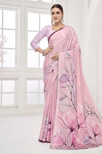 baby pink  premium printed saree with blouse or saraowski border
