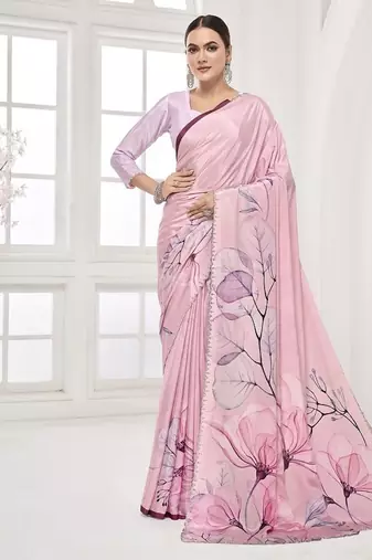 baby pink  premium printed saree with blouse or saraowski border