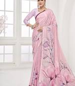 baby pink  printed saree with blouse or saraowski border