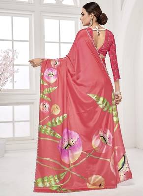 melon pink  printed saree with blouse or saraowski border 4