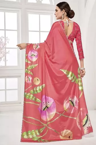 melon pink  printed saree with blouse or saraowski border