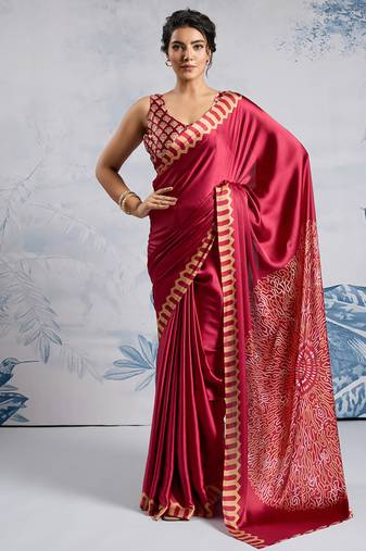Maroon modal satin ajrakh print saree