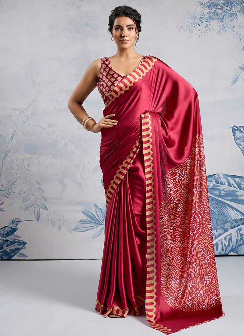 Maroon modal satin ajrakh print saree