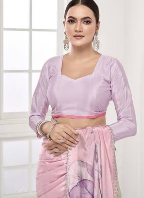 baby pink  printed saree with blouse or saraowski border 2