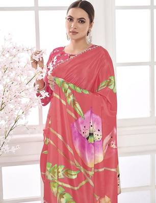 melon pink  printed saree with blouse or saraowski border 5