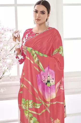 melon pink  printed saree with blouse or saraowski border