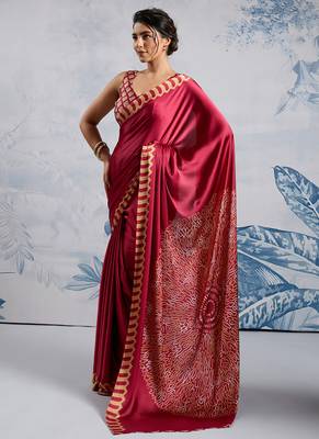 Maroon modal satin ajrakh print saree 2