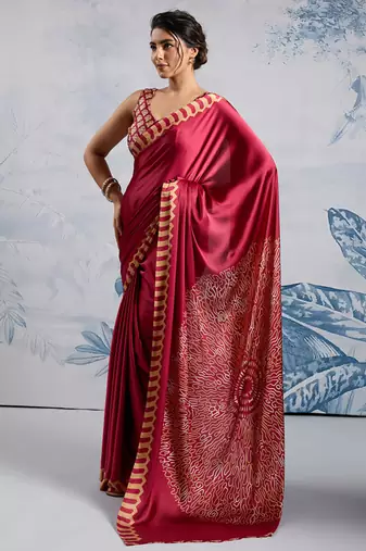 Maroon modal satin ajrakh print saree