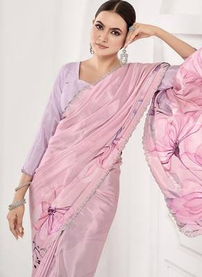 baby pink  printed saree with blouse or saraowski border 3