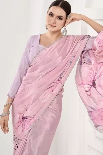 baby pink  printed saree with blouse or saraowski border
