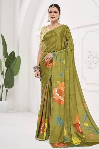 olive green  premium printed saree with blouse or saraowski border